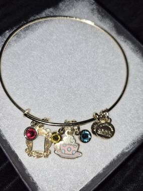 Alex and Ani Gold Tone Teacup Charm Bangle with Pink, Blue and Yellow Accents
